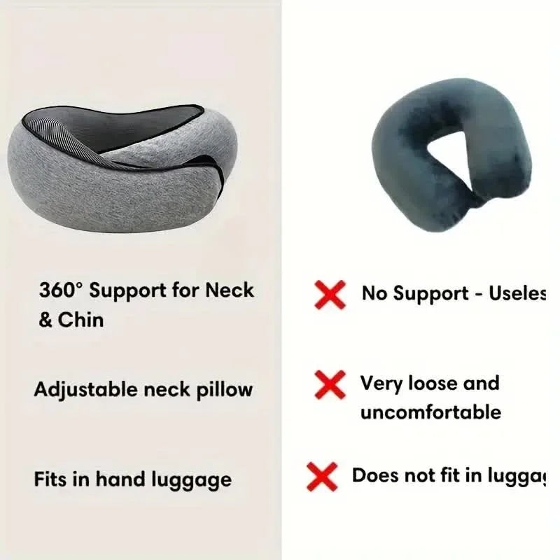 A gray memory foam travel neck pillow shown in two views, highlighting its support features and portability.