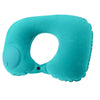 A teal inflatable neck pillow shaped like a U, shown from the side.