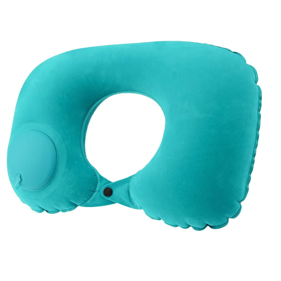 A teal inflatable neck pillow shaped like a U, shown from the side.