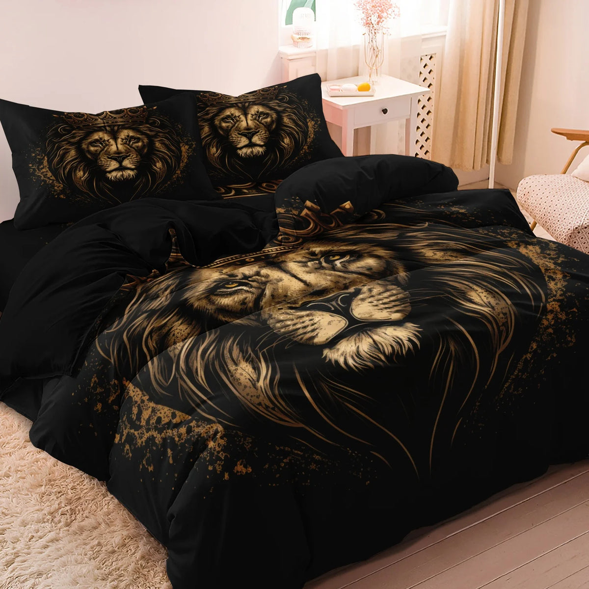Black bedding set featuring a print of a lion's head and crown design.