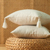 Two beige linen throw pillows resting on a woven natural fiber surface against a textured wall.