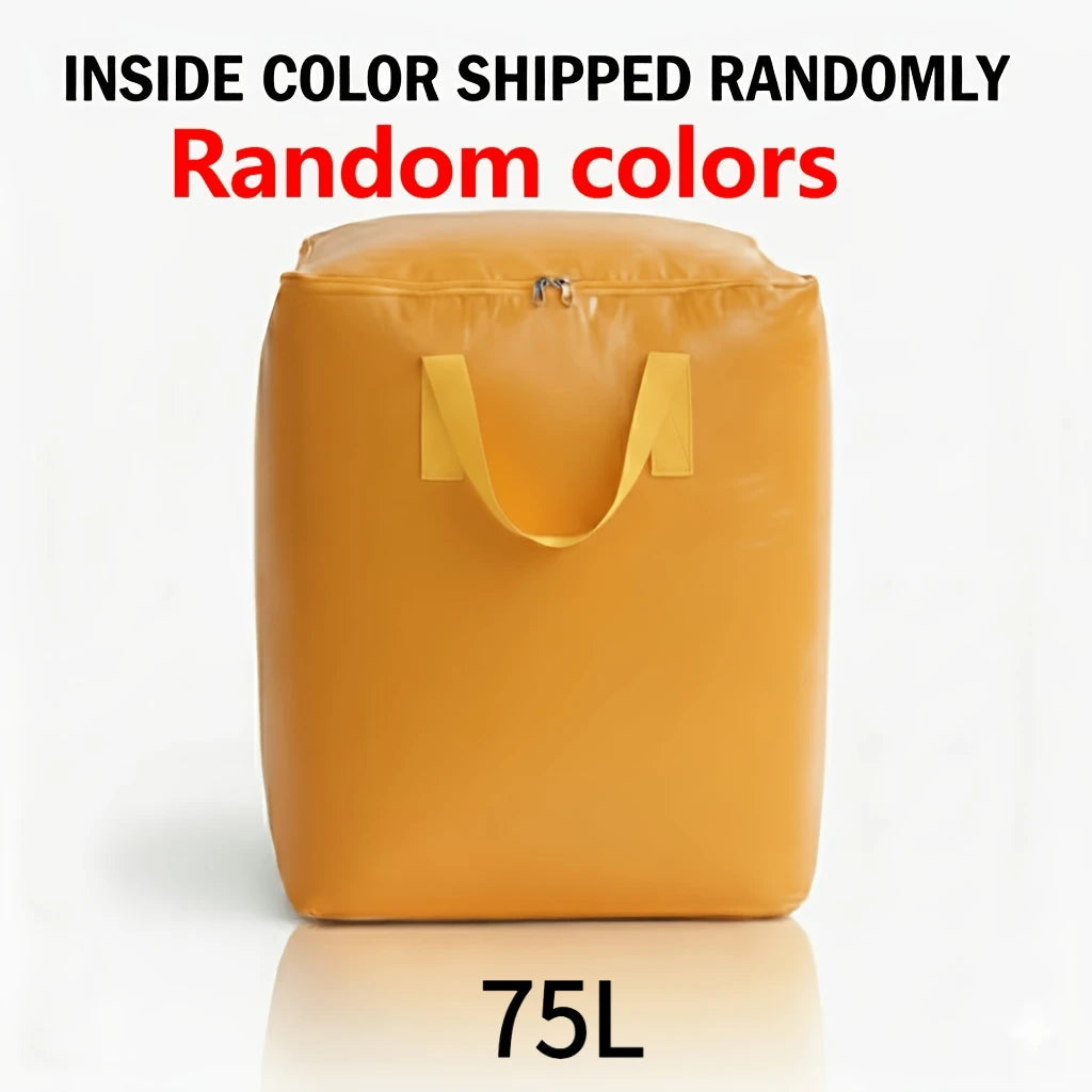 A tan storage bag with a yellow handle is shown against a white background.