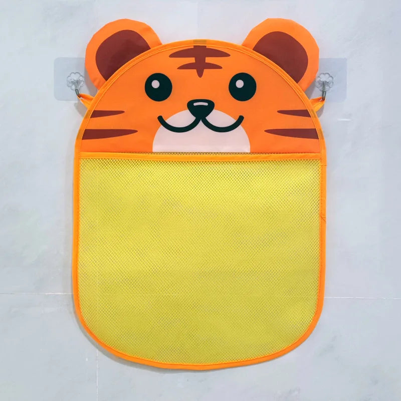 An orange tiger-themed mesh storage bag for baby bath organizer.