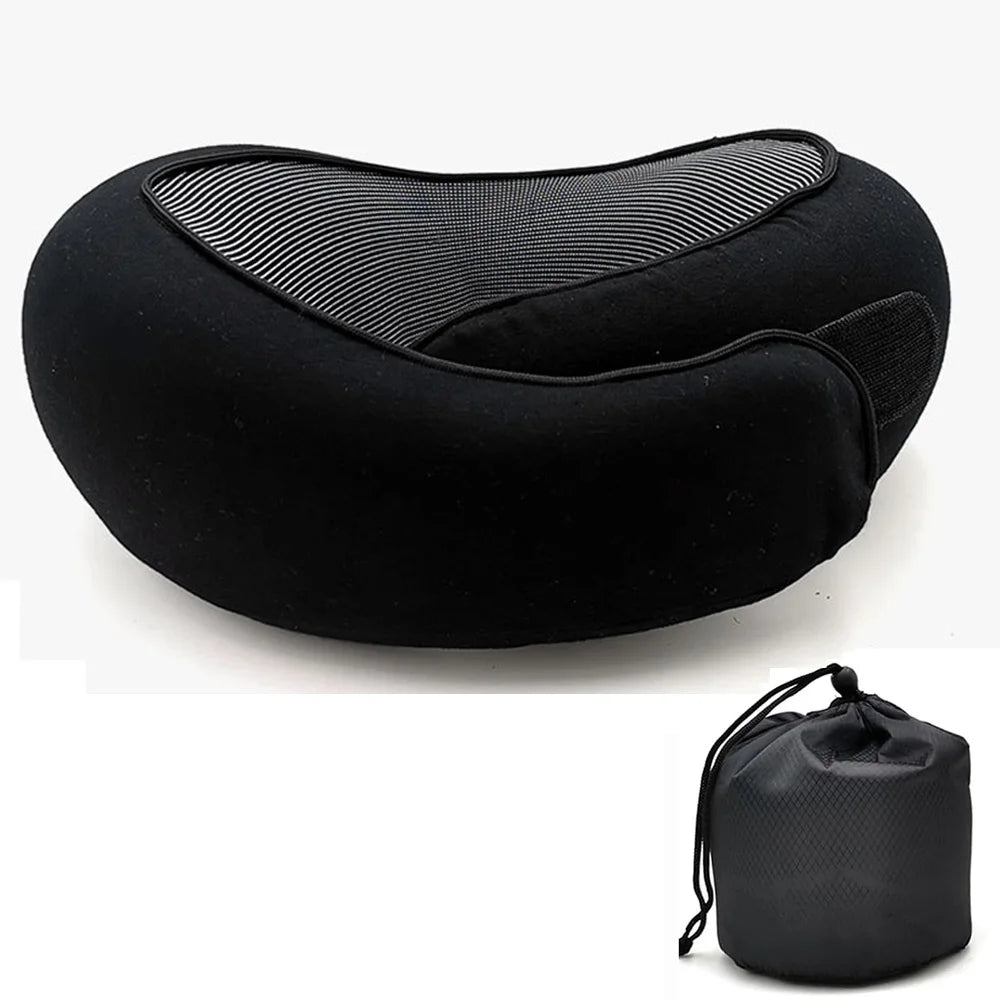 Black adjustable memory foam travel neck pillow with a breathable mesh insert