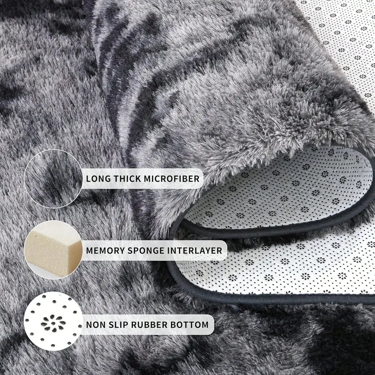 Close-up of a gray and black faux fur rug showing its layers including a thick microfiber, memory sponge interlayer, and non-