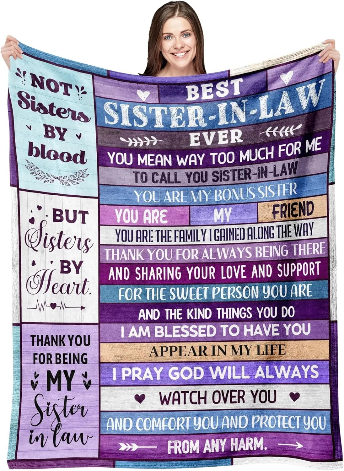 A purple flannel throw blanket featuring text about sister-in-law relationships and blessings.