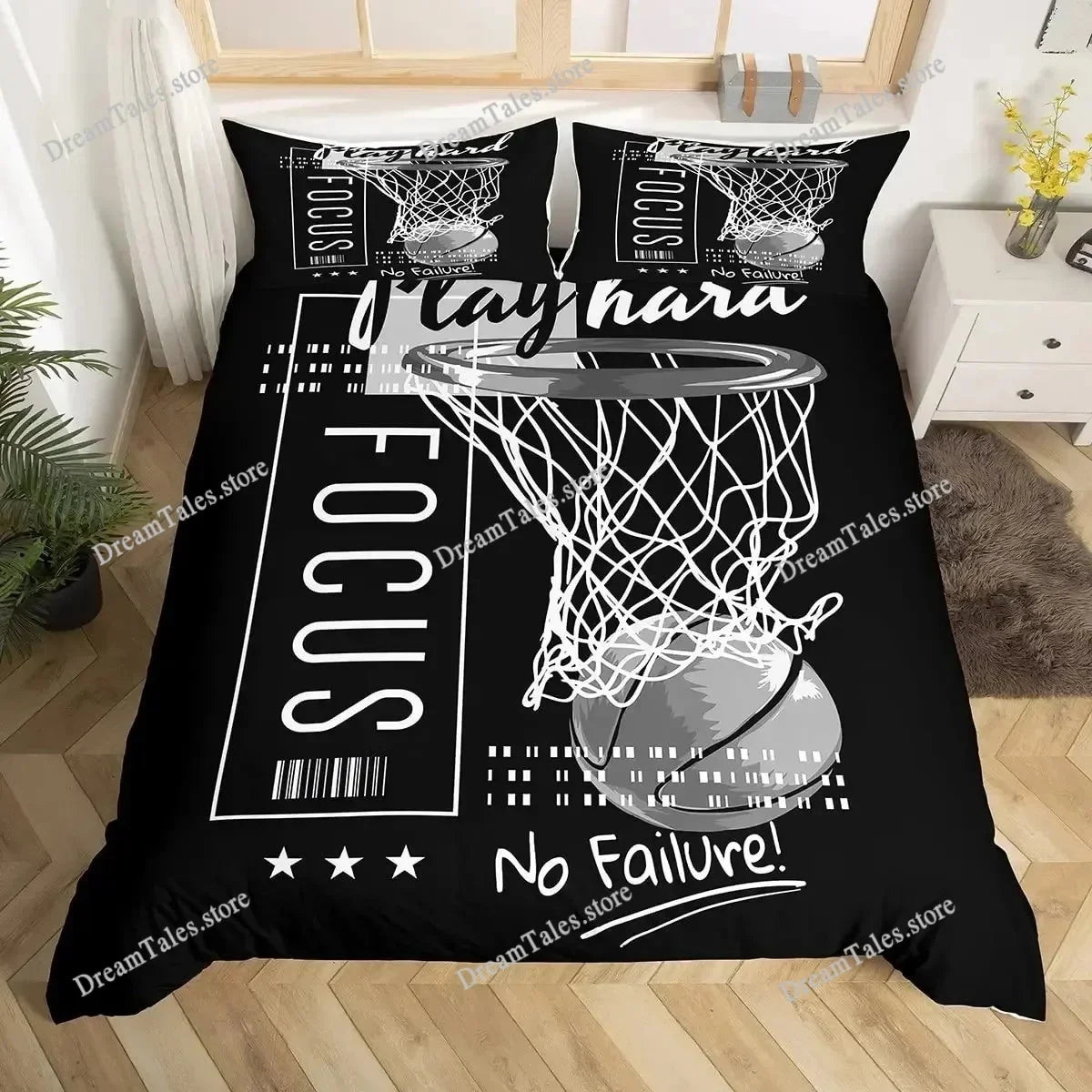 Black duvet cover featuring a basketball theme with the text FOCUS and No Failure