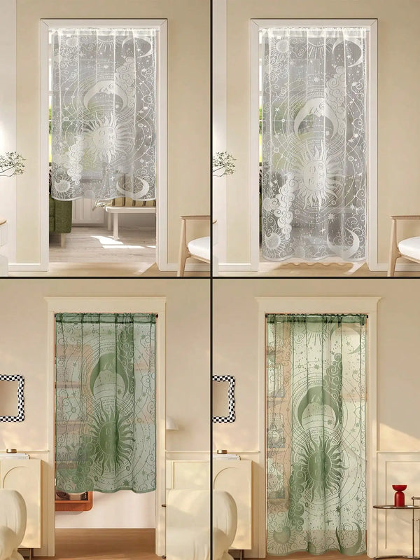 A set of translucent lace door curtains featuring sun and moon patterns in green and white tones.
