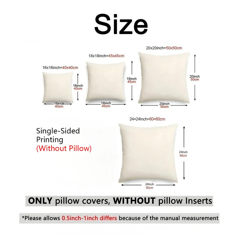 Various sizes of single-sided pillow covers shown with dimensions ranging from 16 inches to 24 inches.