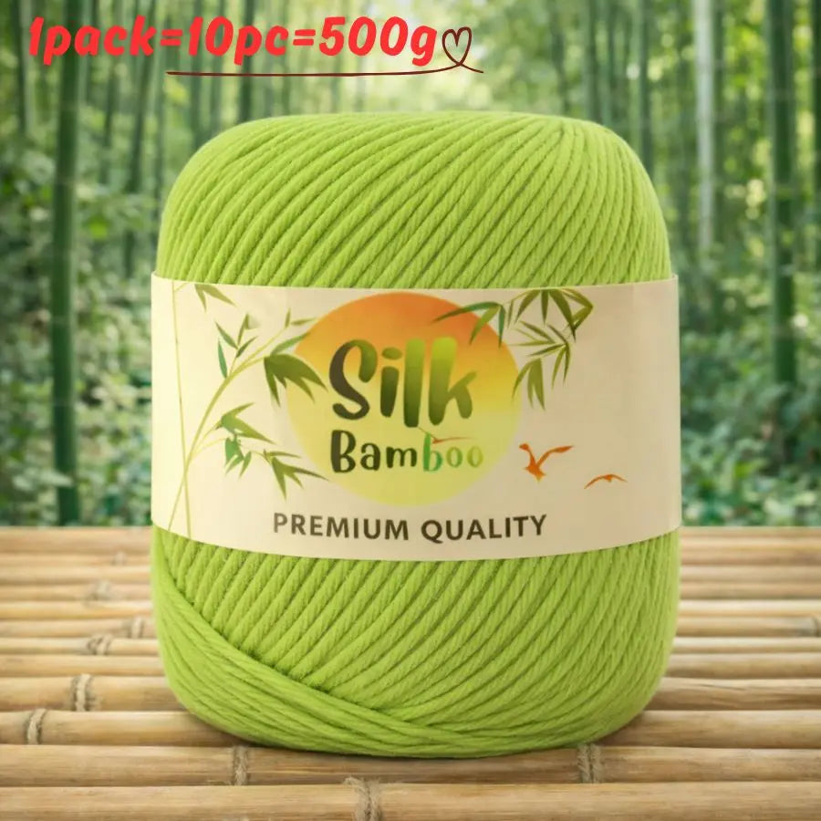 A ball of bright lime green silk bamboo blend yarn labeled Premium Quality