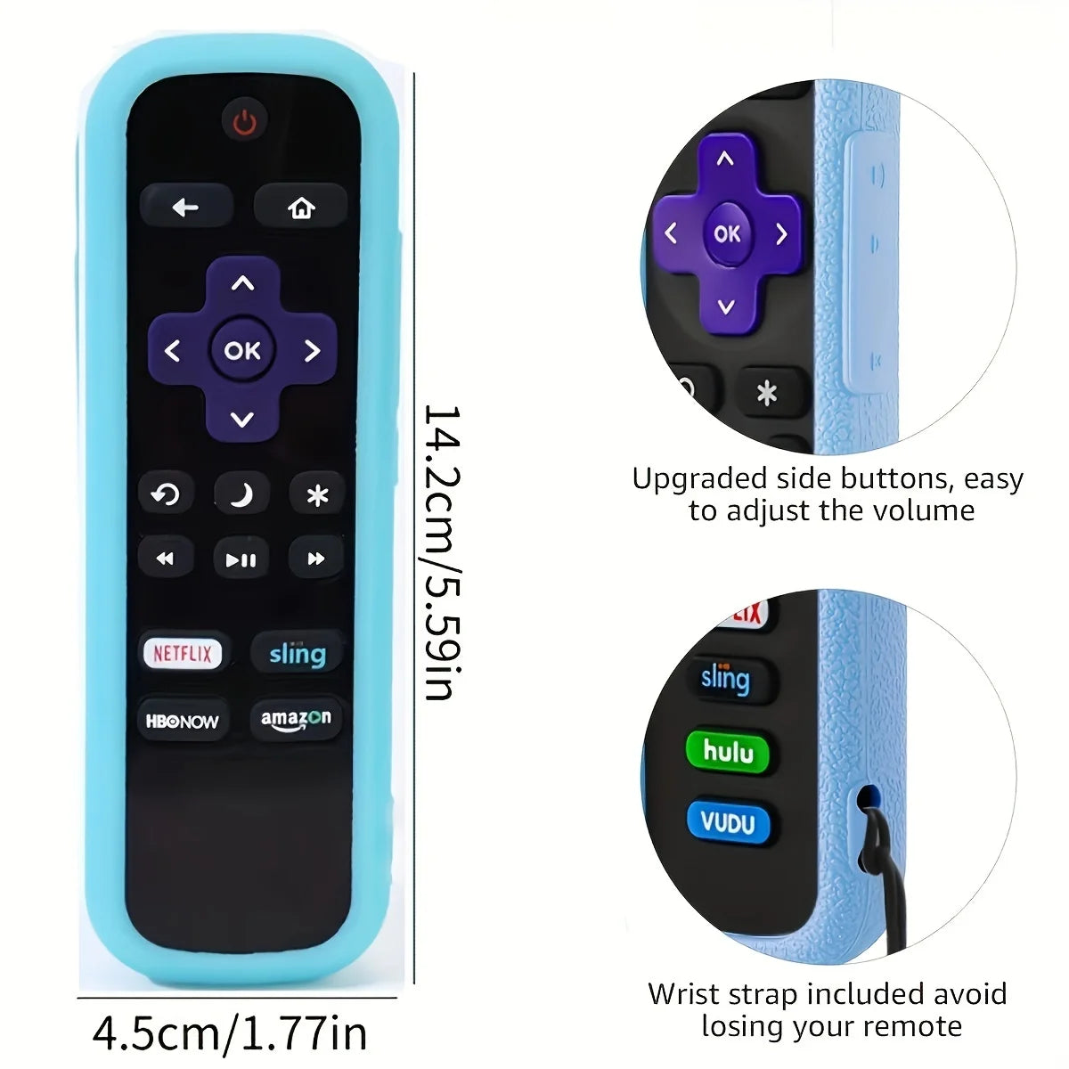 A black remote control with blue silicone casing and side buttons, showing various media icons.