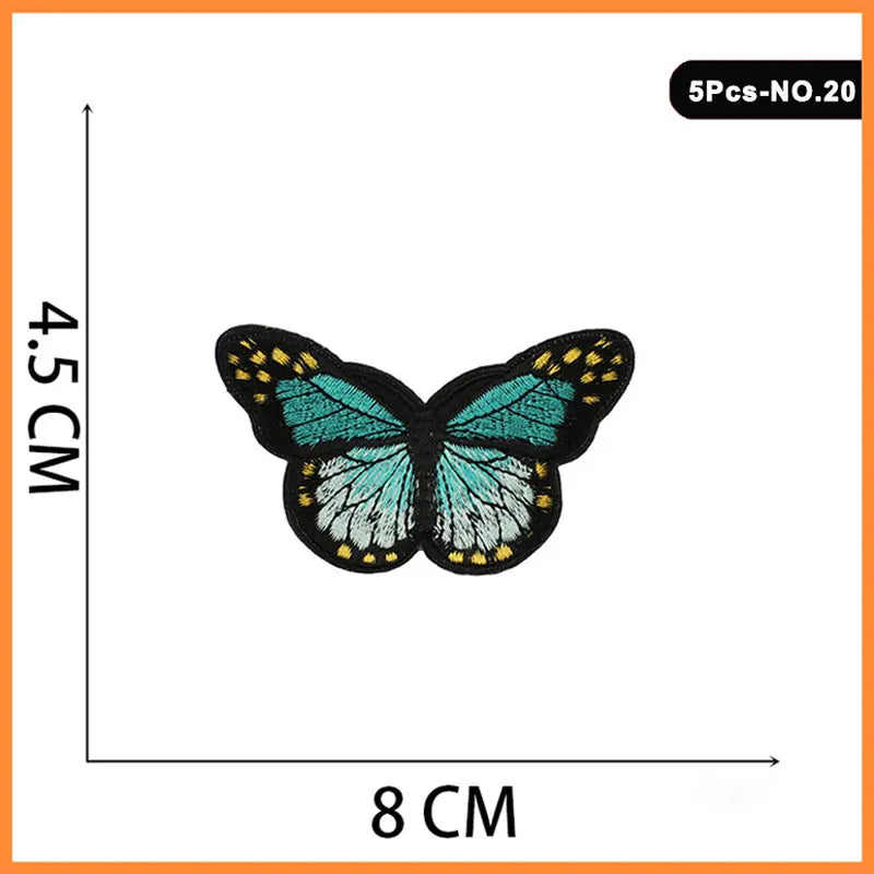 A set of five embroidered butterfly and rose iron-on patches, measuring 4.5 cm by 8 cm.