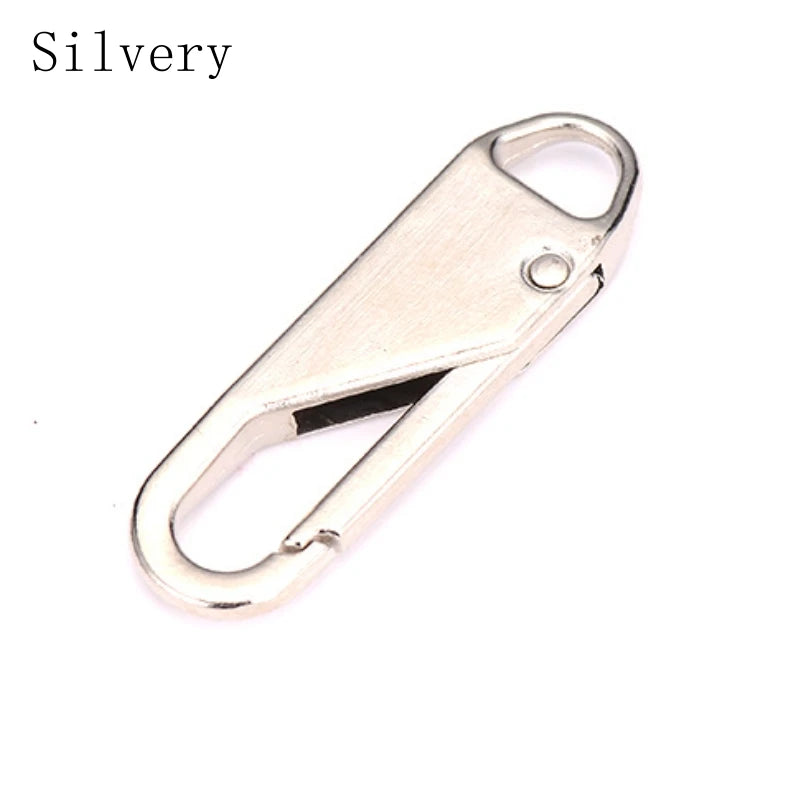 A silver zipper pull replacement set used for bags and garments.