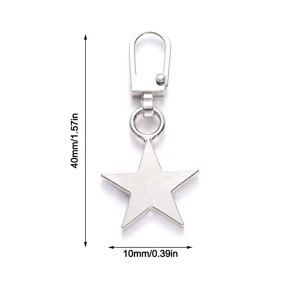 Silver metal zipper pull replacement kit featuring a star charm and jump ring hook.