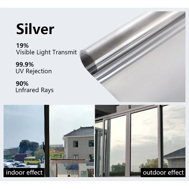 Silver one-way privacy window film showing indoor and outdoor effects
