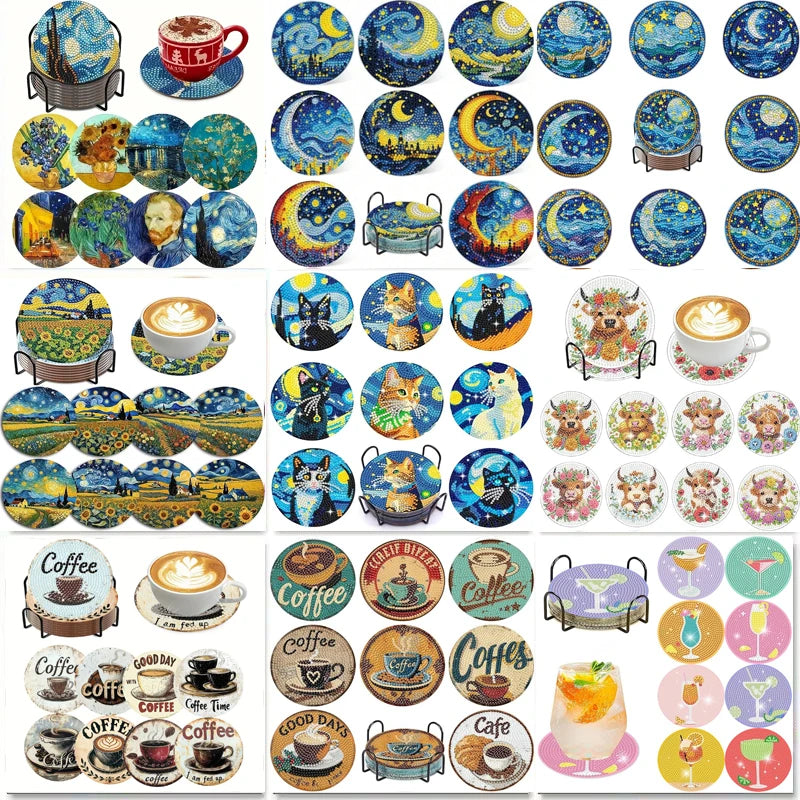 A collection of DIY diamond painting coasters featuring various designs and colors.