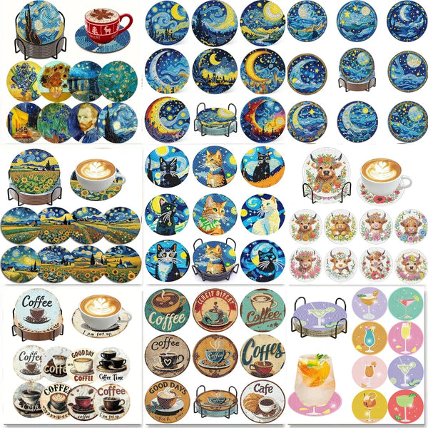 A collection of DIY diamond painting coasters featuring various designs and colors.