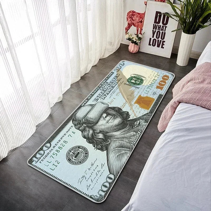 A 100 dollar US banknote lying on a dark floor next to a white window and bedding.
