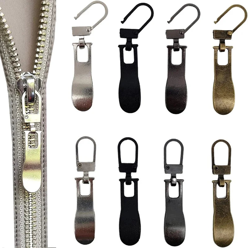 A collection of replacement metal zipper pulls in various finishes and styles for bags and luggage.