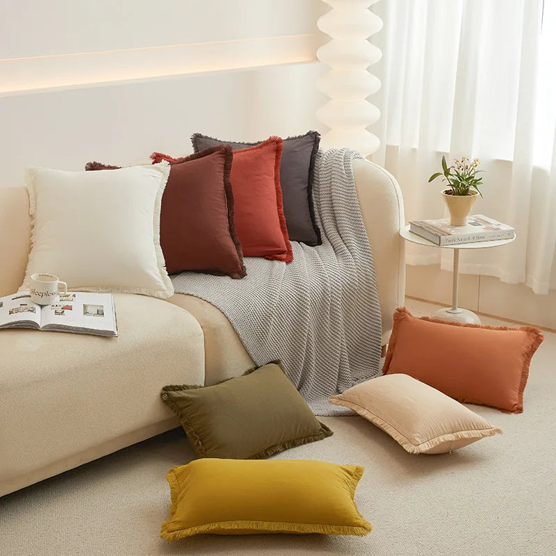 Washed Cotton Solid Cushion Cover with Tassel Fringe