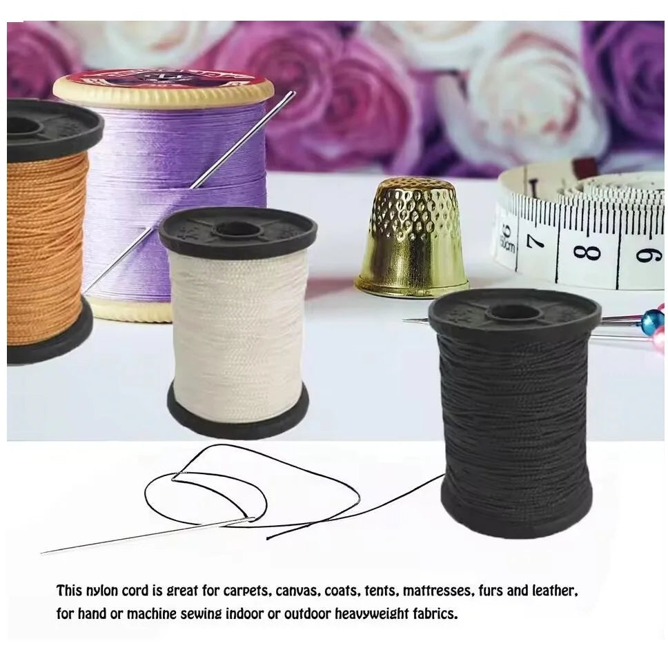 A collection of spools of waxed nylon thread in various colors and a leather sewing kit.