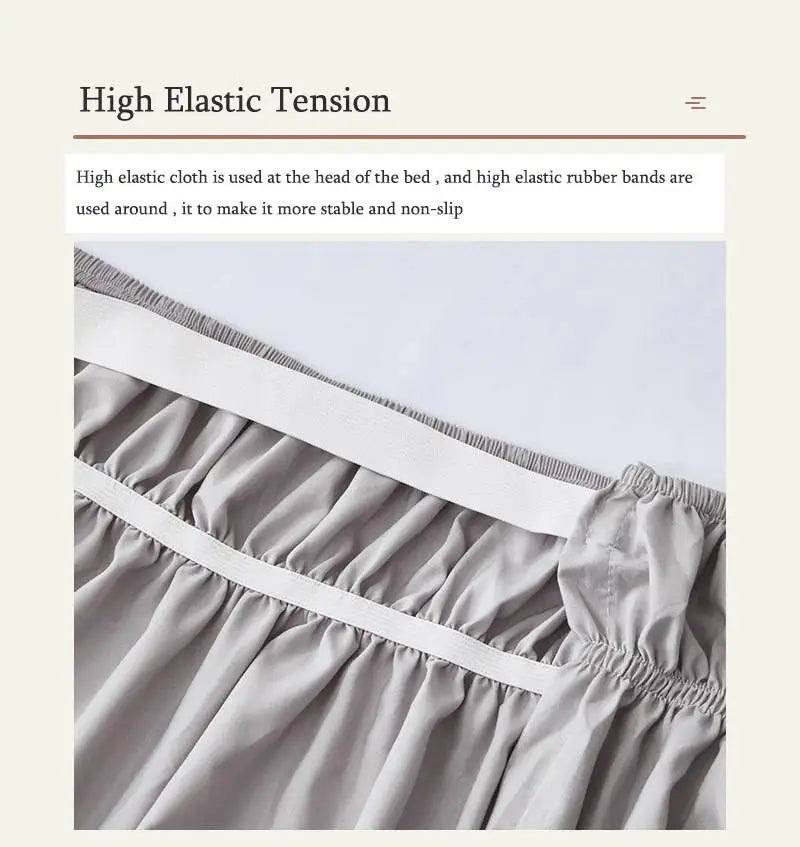 A close-up of a light gray ruffled bed skirt featuring high elastic tension and rubber bands.