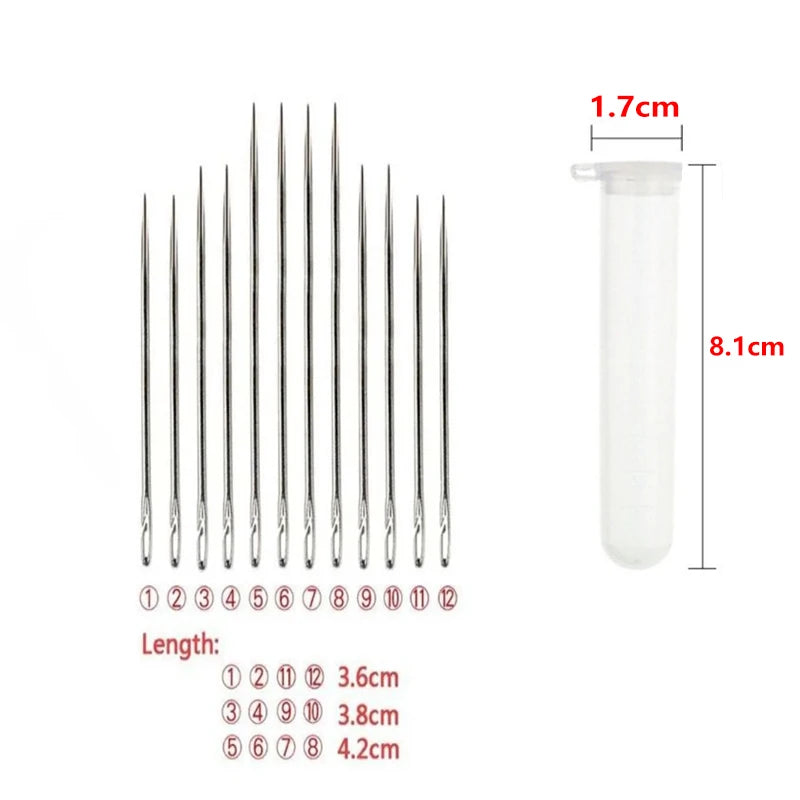 Stainless steel sewing kit with twelve needles and a container for storage