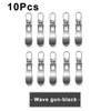 Ten black metal zipper pulls or toggles for bags and luggage.