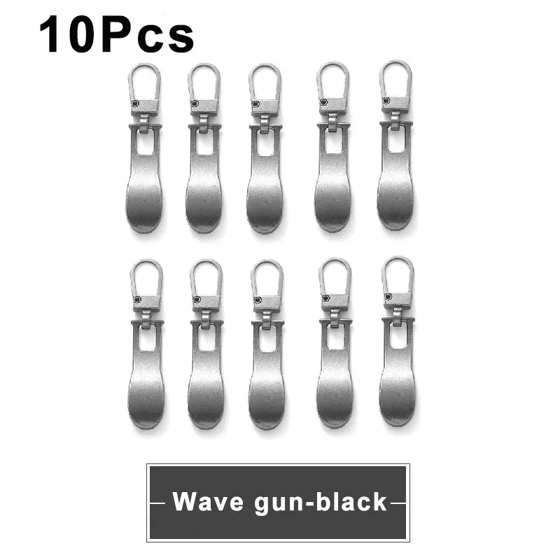 Ten black metal zipper pulls or toggles for bags and luggage.