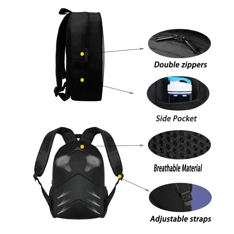 Black cartoon school backpack set featuring a shoulder bag and pencil case with double zippers, side pocket, breathable mater