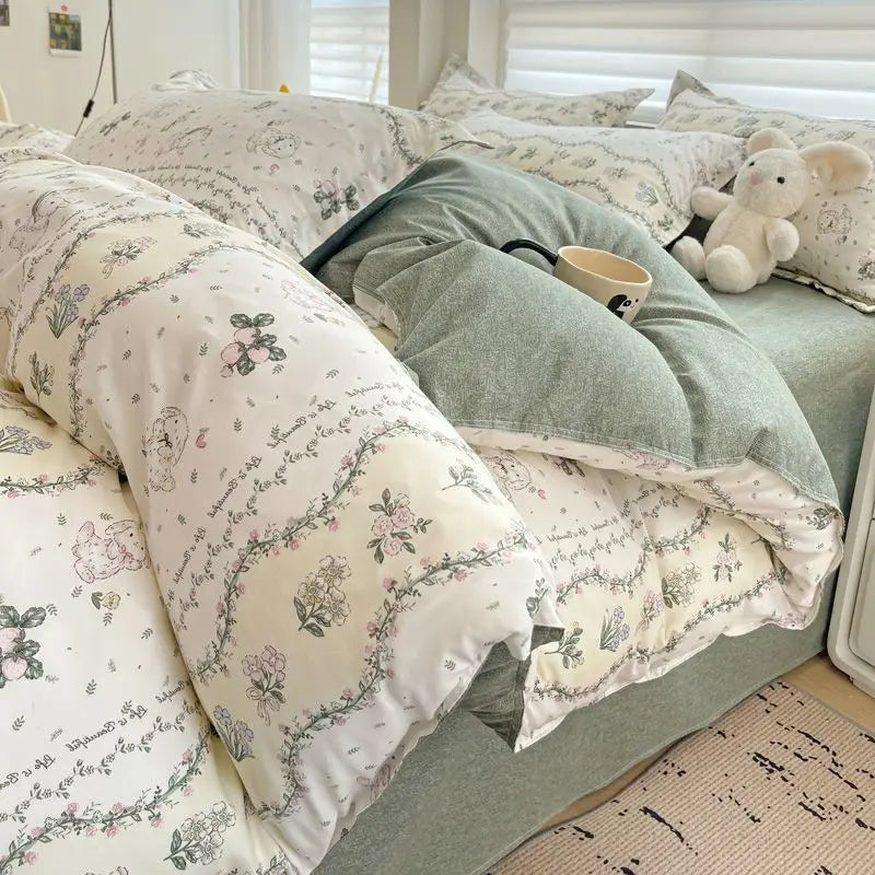 A close-up of a pink floral bedding set featuring various pillows and a duvet on a bed.
