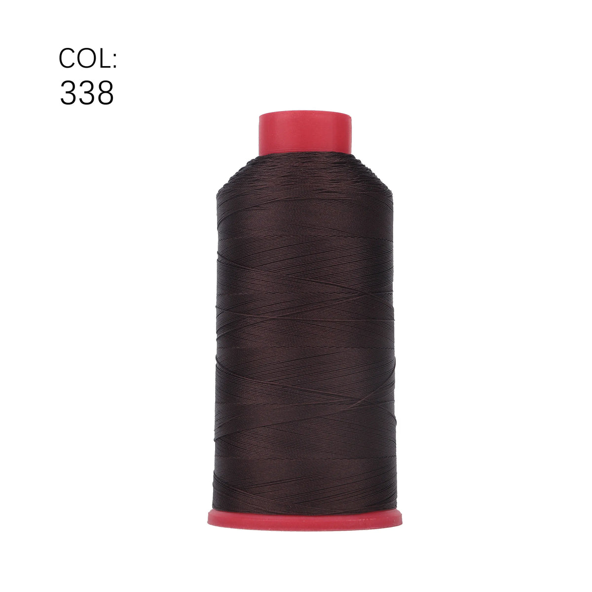 A spool of dark brown heavy duty nylon sewing thread with a red cap.