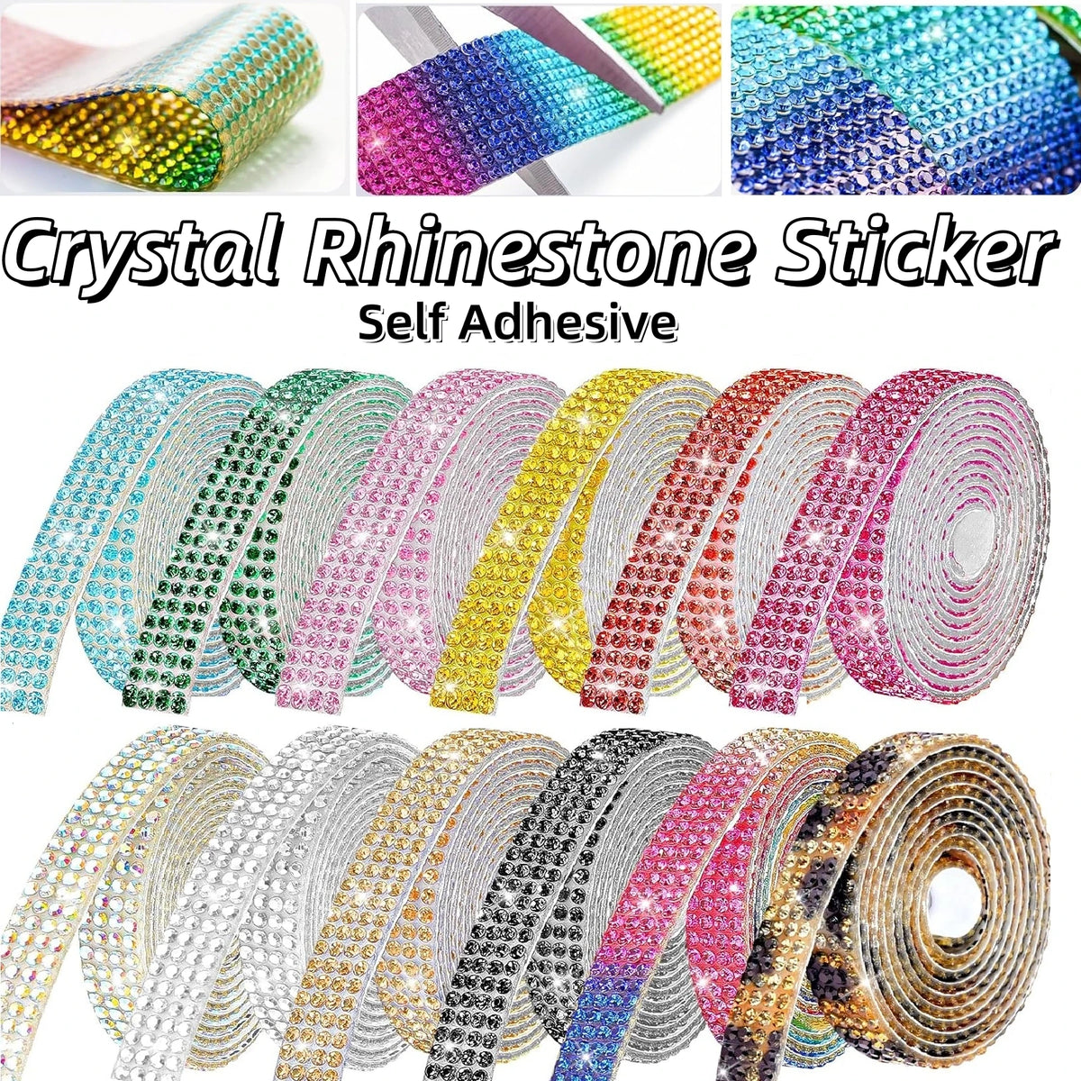 Rolls of self-adhesive crystal rhinestone ribbon in various colors and shades for DIY crafts