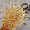 A bundle of gold-colored stainless steel ball head pins for jewelry making arranged on a white surface.