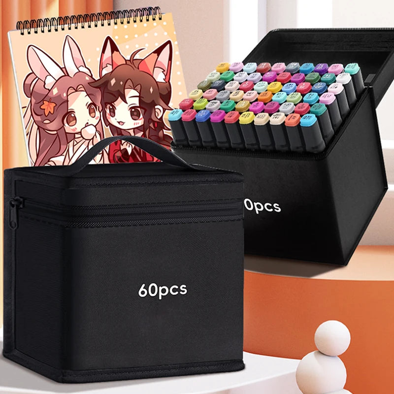 A black portable marker storage pouch with a zipper next to an open box of colorful markers.