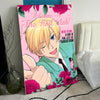 A vertical poster featuring an anime-style character with blonde hair and a pink floral background, welcoming viewers to the 