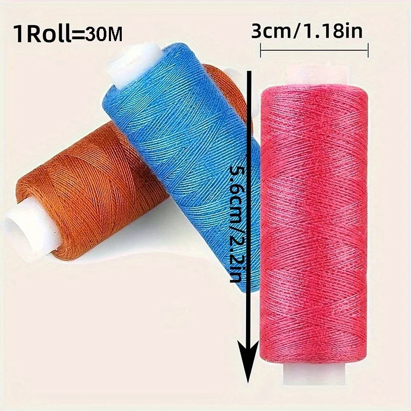 A set of three spools of mixed-color polyester sewing thread, showing various colors and thread counts.
