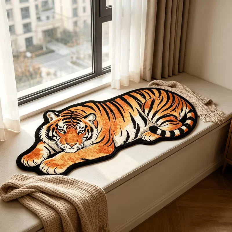 An orange and black tiger plush cartoon area rug displayed on a white windowsill next to draped fabric.