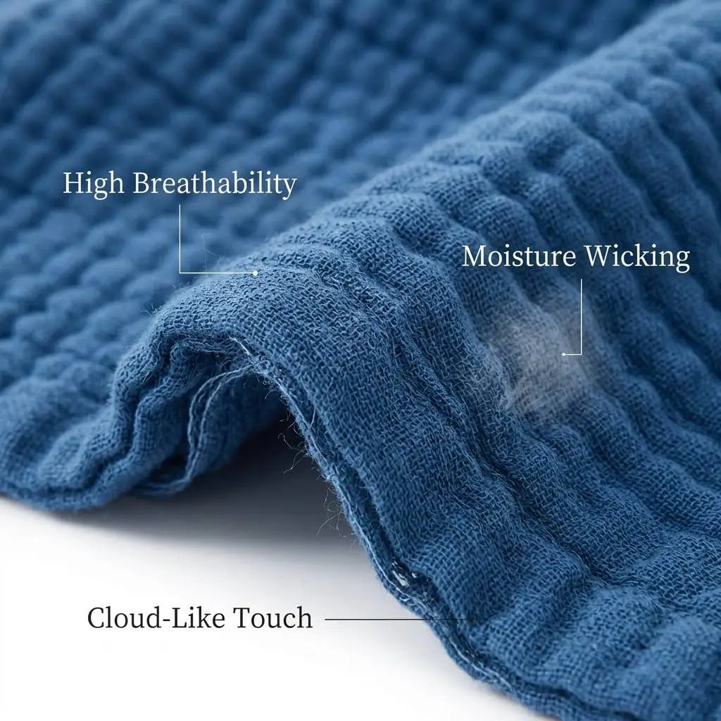 Close-up of a navy blue pure cotton gauze throw blanket showing features like high breathability, moisture wicking, and cloud