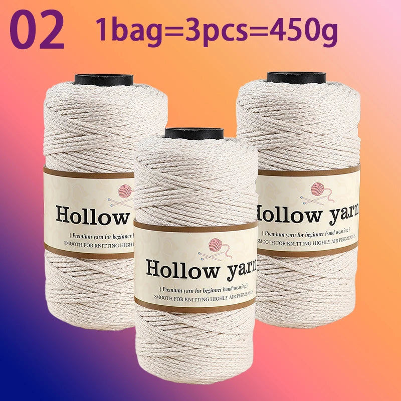 Three spools of Hollow yarn, each containing three pieces totaling 450g for knitting and crochet.