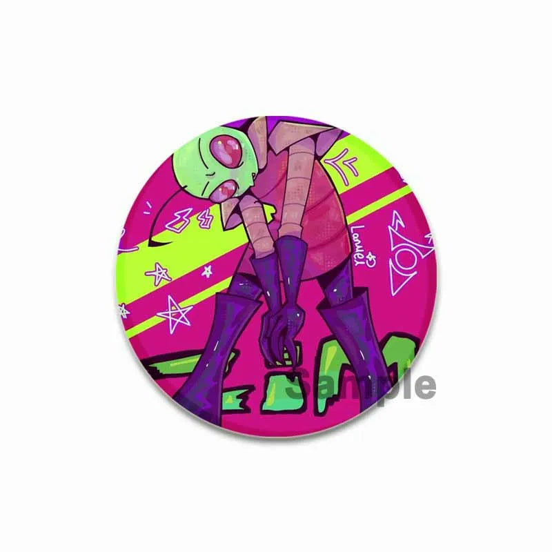 A vibrant enamel pin featuring an anime character with green skin and pink attire on a magenta background.