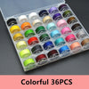 A colorful assortment of 36 sewing thread bobbins in various colors arranged in a clear plastic box.