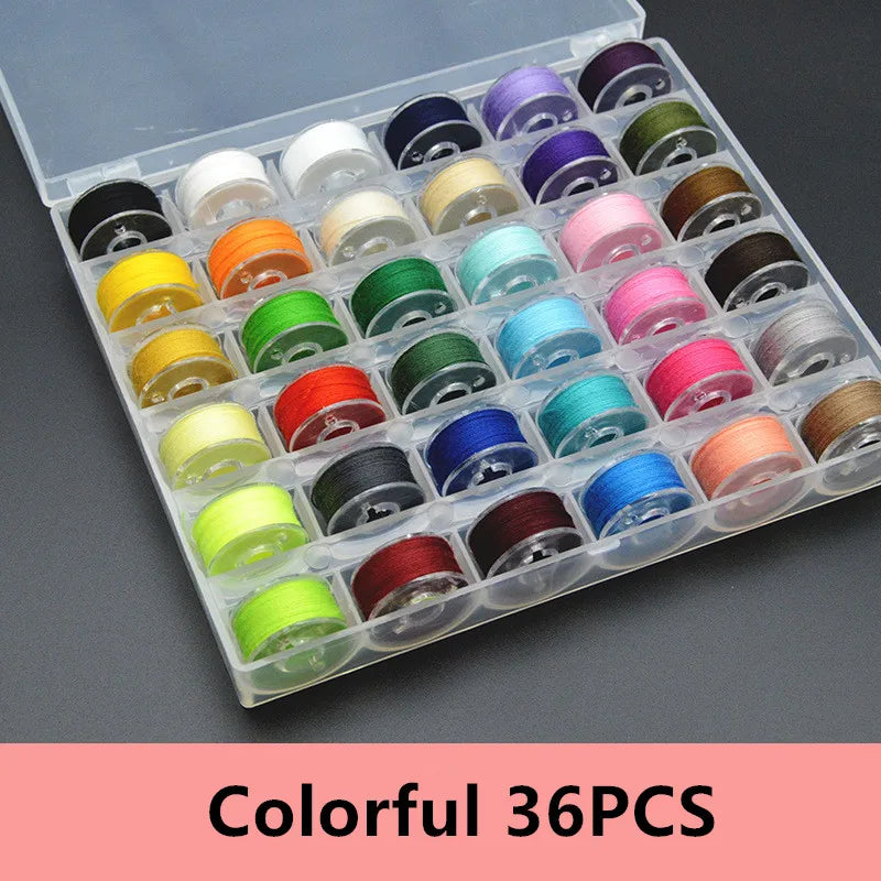 A colorful assortment of 36 sewing thread bobbins in various colors arranged in a clear plastic box.