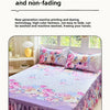 A purple and pink floral print bed skirt set featuring reactive printing and dyeing technology.