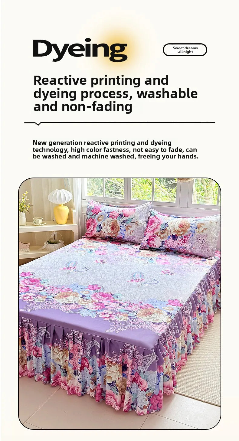 A purple and pink floral print bed skirt set featuring reactive printing and dyeing technology.