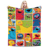A colorful flannel throw blanket featuring characters from Sesame Street like Elmo and Friends.