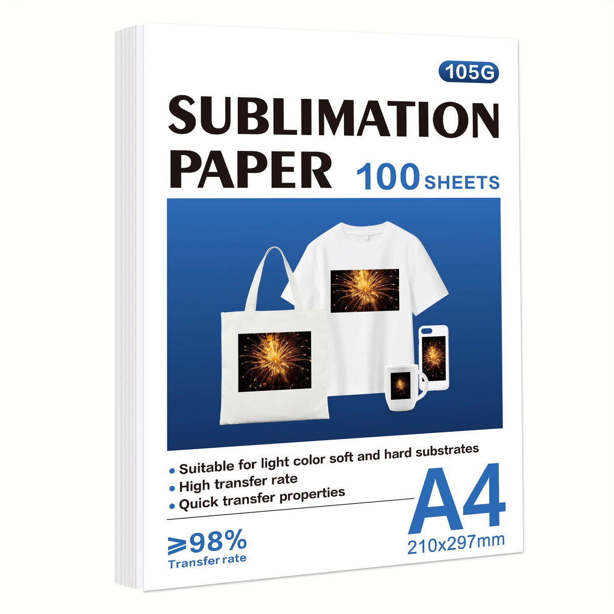 A box of 105g sublimation paper in A4 size with a white t-shirt and a tote bag demonstrating transfer properties