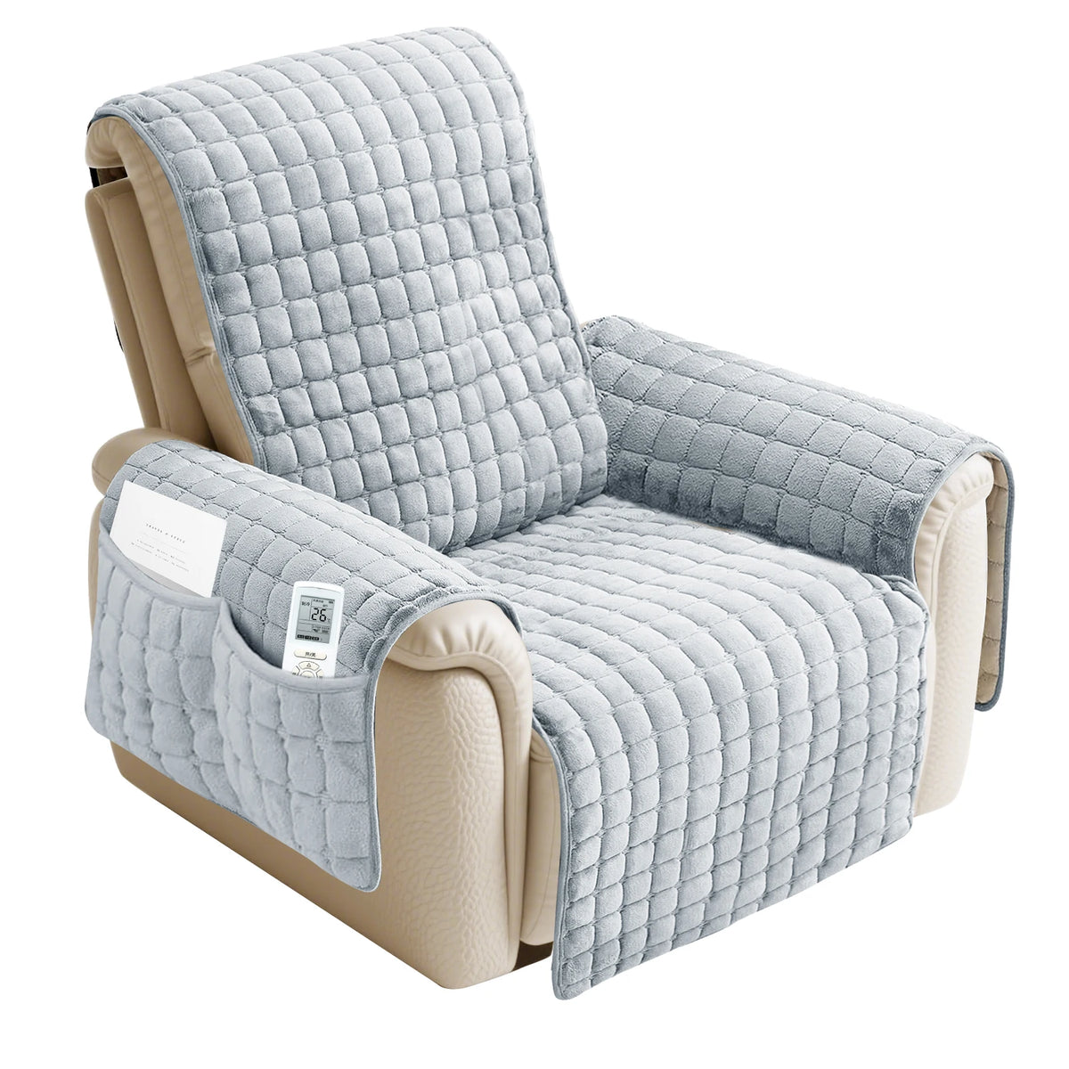 A light blue quilted washable slipcover for a recliner sofa with an anti-slip strap.