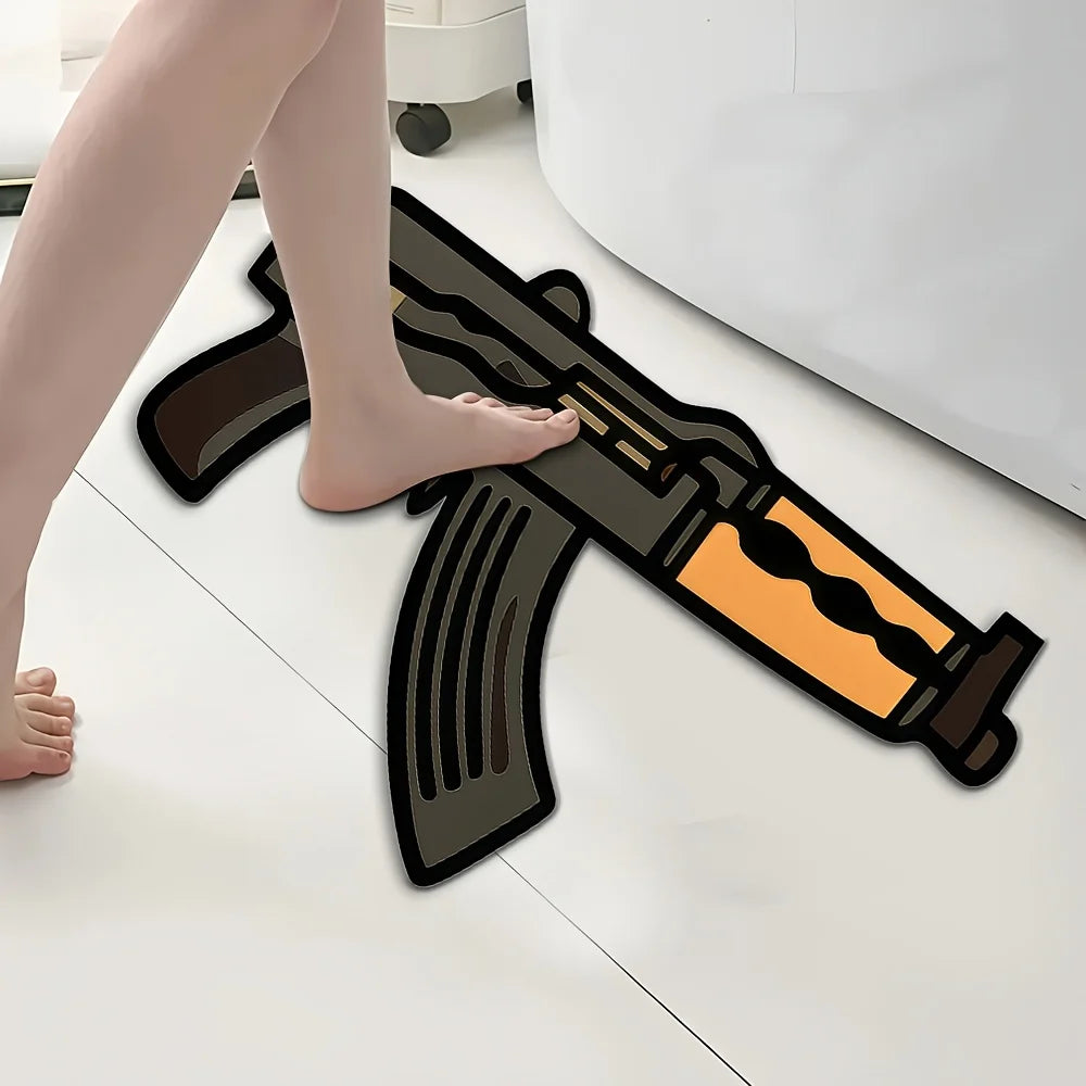 A creative gun-shaped rug is shown on a white floor next to a bare foot.