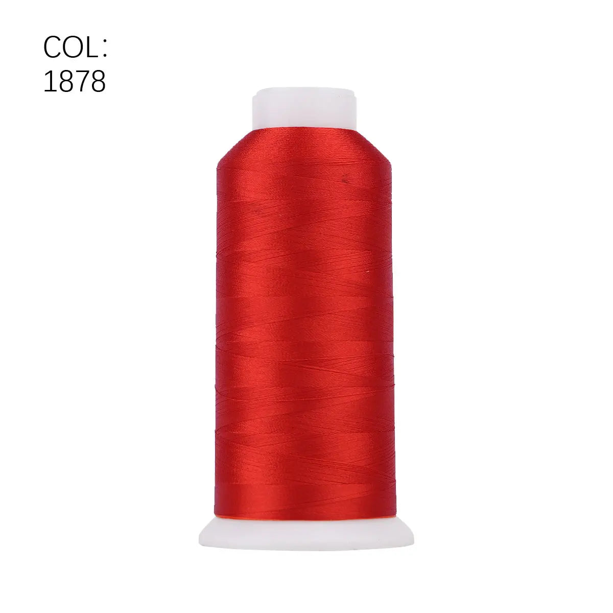 A roll of bright red polyester embroidery thread with a white core.